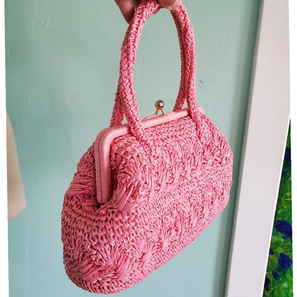 Vintage Handbags - Vintage 1960s Barbie Pink Straw Raffia Purse Bag